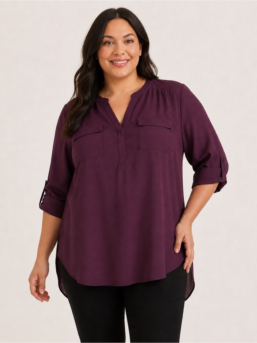 Torrid Harper Georgette Tunic Blouse Size 2 18/20 Burgundy Purple Roll Tab